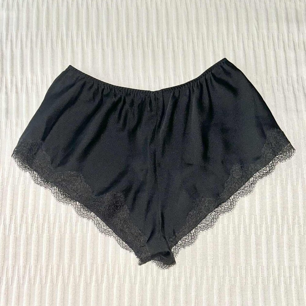 NEW Victoria's Secret Black Satin Pajama Bottoms w/ Lace Trim; XS